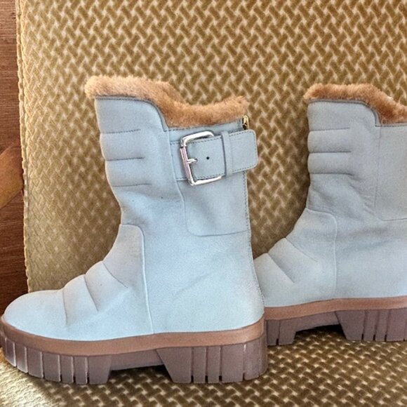 Free People Fable Faux Fur Leather Sky Blue Suede Platform Lug Sole Boots NEW - Picture 15 of 16